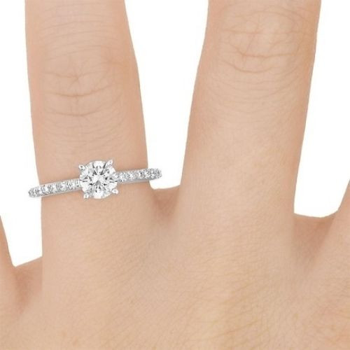 Half Way Accents Diamond Engagement Ring with Center Diamond Finger View White Gold