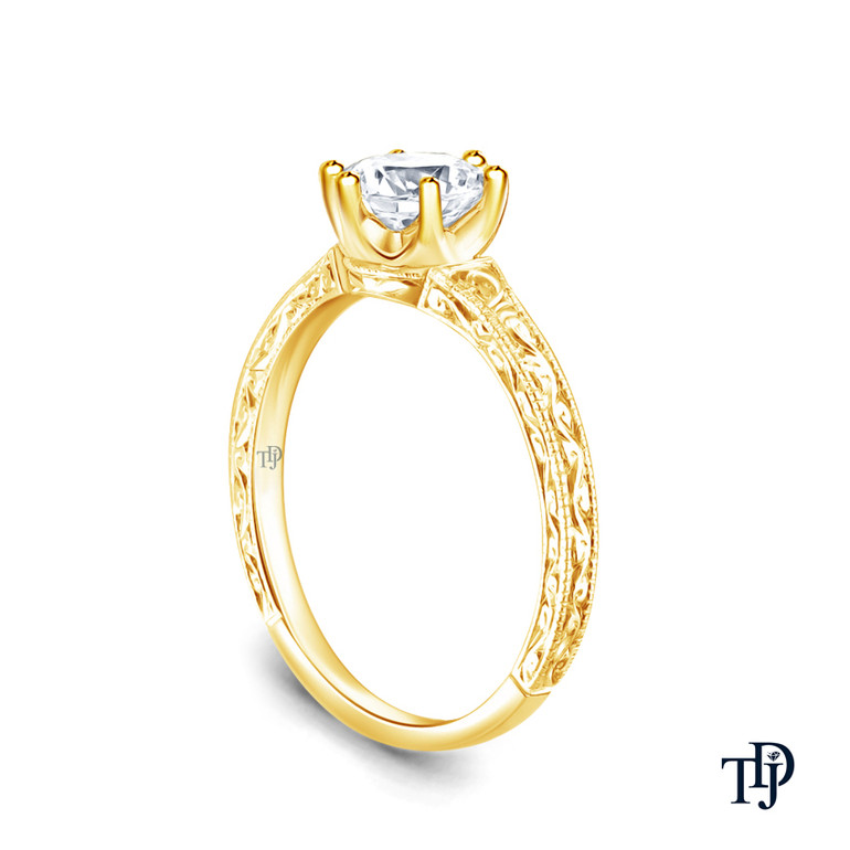 A Truly Vintage Hand Engraved Milgrain Engagement Setting with Center Diamond Side View Yellow Gold 