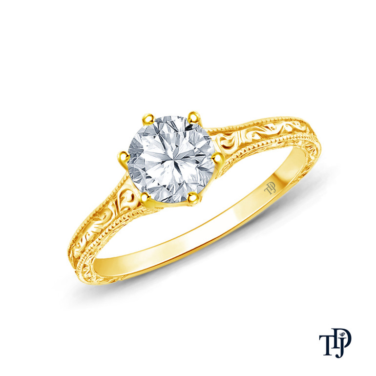 A Truly Vintage Hand Engraved Milgrain Engagement Setting with Center Diamond Top View Yellow Gold 
