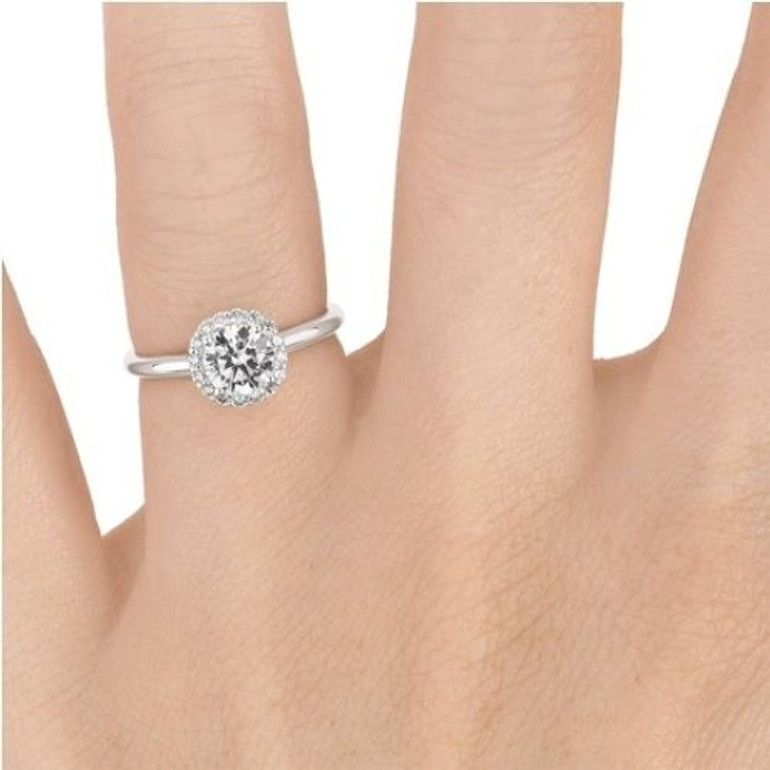 White Gold Flower Inspired Halo Accents Engagement Ring with Center Diamond Finger View