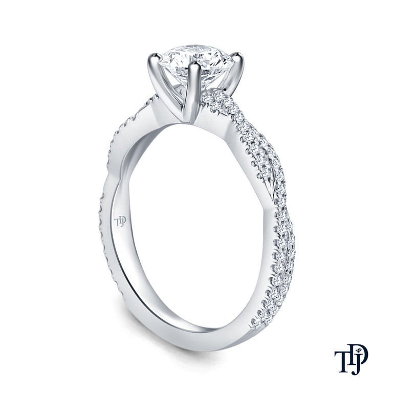 White Gold Twisted Shanks Scalloped Pave Set Engagement Ring with Center Diamond Side View