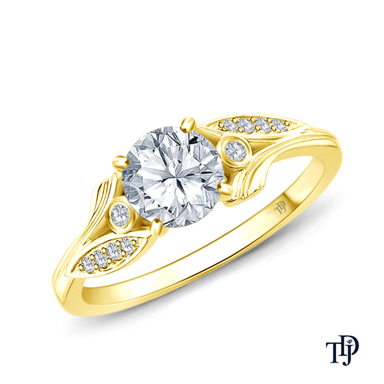Yellow Gold Leaves Inspired Accent Diamond Engagement Ring with Center Diamond Top View