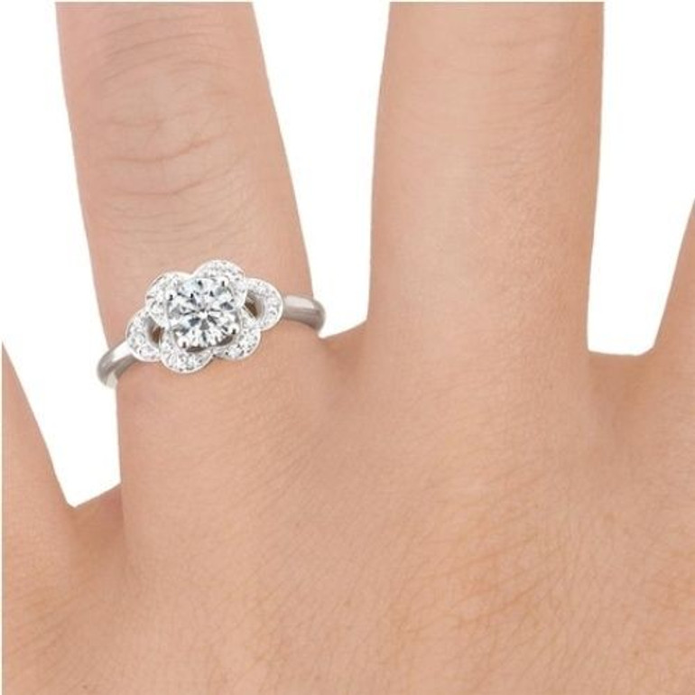 White Gold Floral Petal Design Diamond Engagement Ring with Center Diamond Finger View