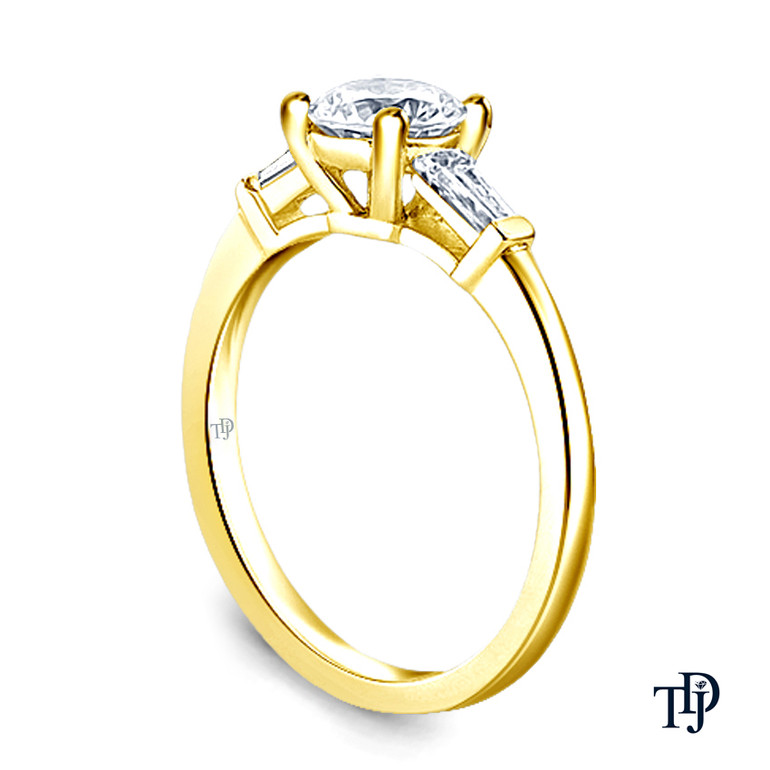 Yellow Gold Tapered Style Baguette Side Stones Engagement Ring with Center Diamond Side View