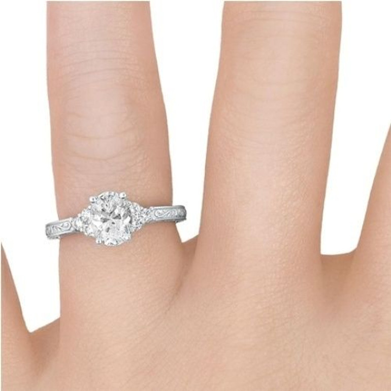 White Gold Adorned Scroll Engraving Trio Diamond Engagement Ring with Center Diamond Finger View