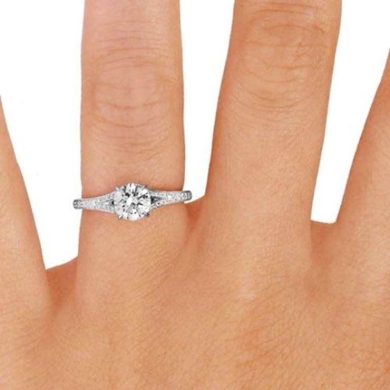 White Gold Diamond Accents Set in a Split Shank Setting with Center Diamond Finger View
