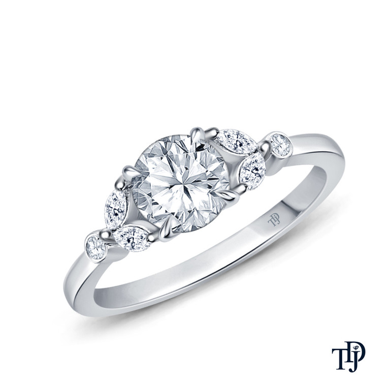14K White Gold Nature Inspired Leave Design Marquise and Round Side Stones Engagement Ring 0.25ct Center Diamond Top View
