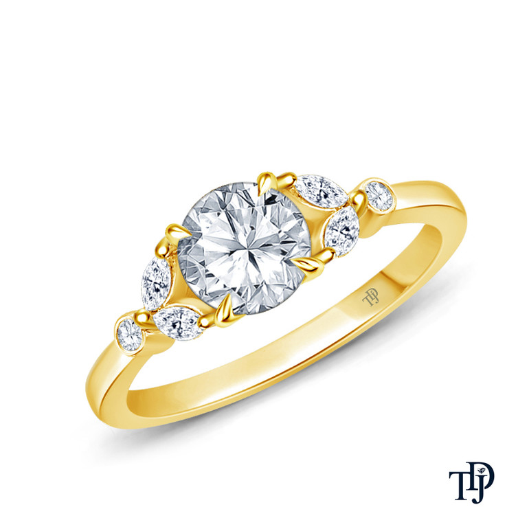 14K Yellow Gold Nature Inspired Leave Design Marquise and Round Side Stones Engagement Ring 0.25ct Center Diamond Top View