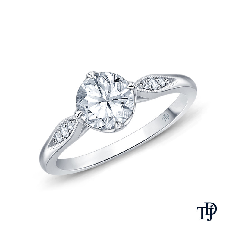 14K White Gold Milgrain Detail Flower Diamond Engagement Ring 0.25ct Center Diamond Top View