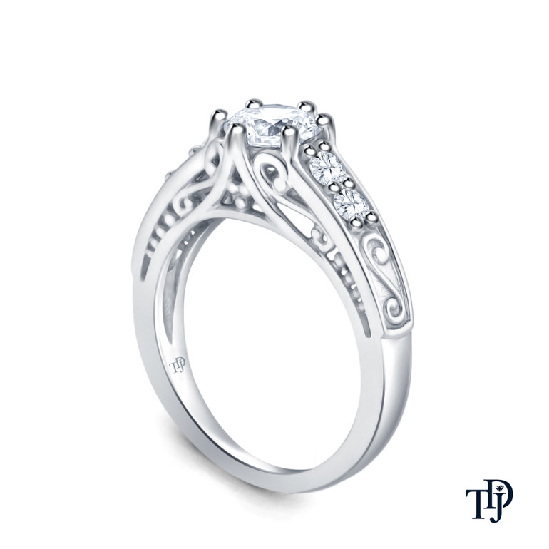 14K White Gold Scroll Filigree Accent Diamond Engagement Ring 0.25ct Center Diamond Side View