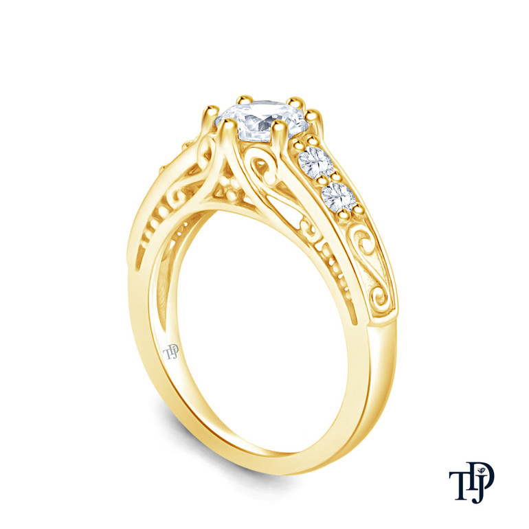 14K Yellow Gold Scroll Filigree Accent Diamond Engagement Ring 0.25ct Center Diamond Side View