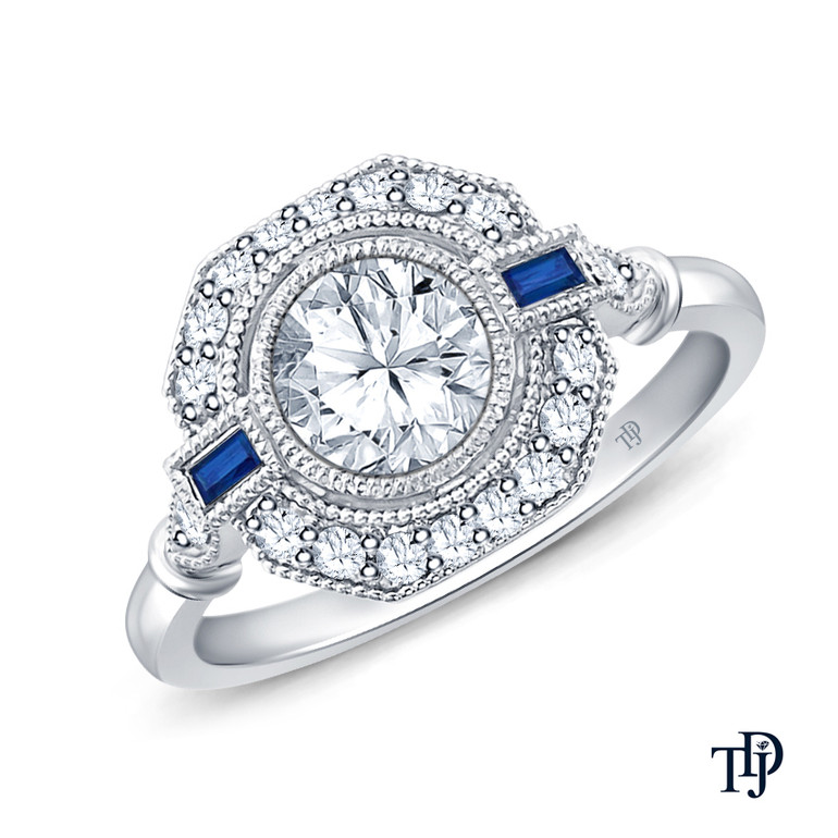 14K White Gold Emerald Sapphire Accents Milgrain Design Vintage Ring 0.25ct Center Diamond Top View
