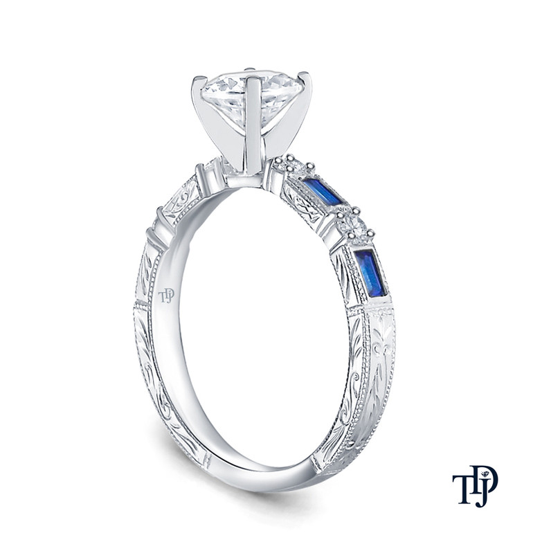 14K White Gold Baguette Sapphire and Round Diamond Accents Ring 0.25ct Center Diamond Side View