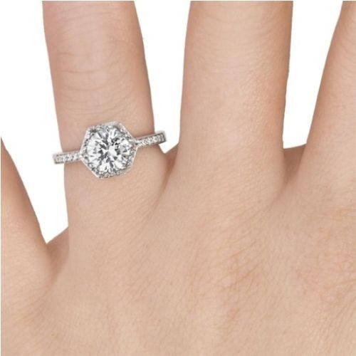 14K White Gold Enchanting Hexagonal Halo Accent Ring 0.25ct Center Diamond Finger View