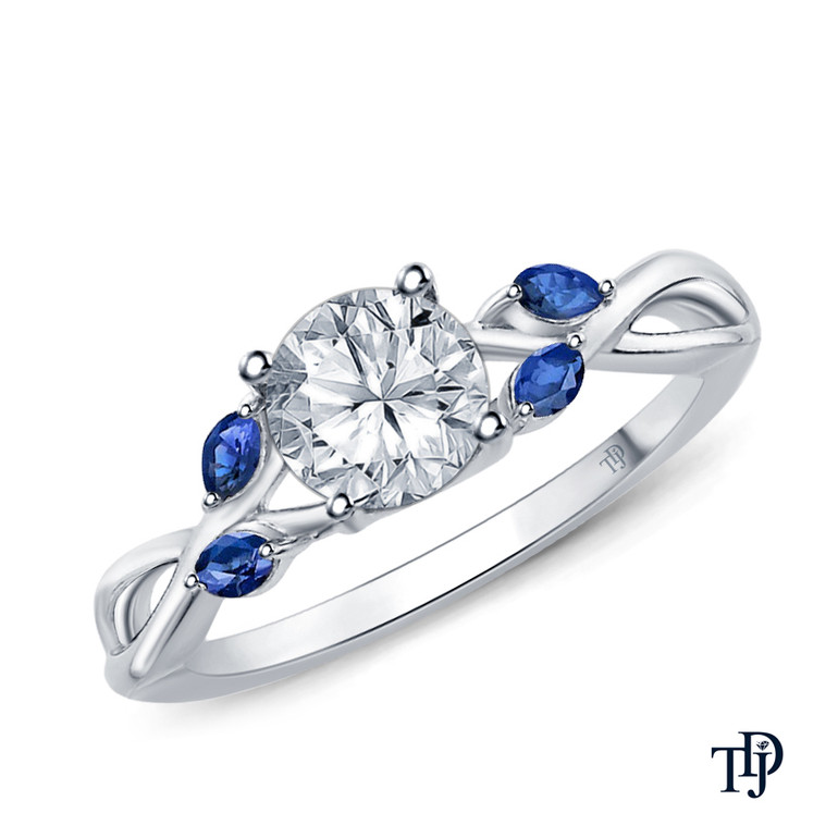 14K White Gold Marquise Blue Sapphire Accents - Leaves  and Vine Style Engagement Ring Semi Mount Top View