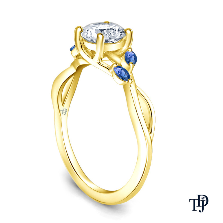 14K Yellow Gold A Nature Inspired Leaves Marquise Blue Sapphire & Round Diamond Ring Semi Mount Side View