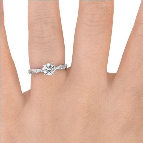 14K White Gold Leaves Inspired Accent Diamond Engagement Ring Semi Mount Finger View