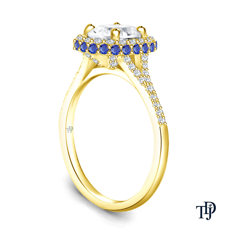 14K Yellow Gold Vibrant Sapphires and Halo Diamond Accents Setting Semi Mount Side View