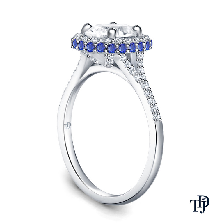 14K White Gold Vibrant Sapphires and Halo Diamond Accents Setting Semi Mount Side View