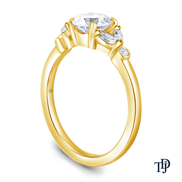 14K Yellow Gold Nature Inspired Leave Design Marquise and Round Side Stones Engagement Ring Semi Mount Side View