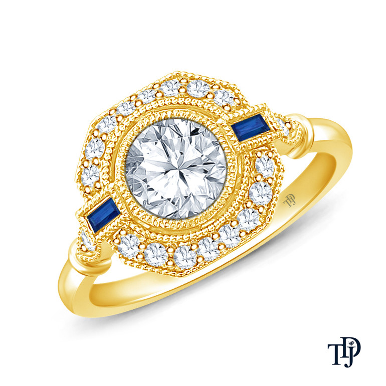 14K Yellow Gold Emerald Sapphire Accents Milgrain Design Vintage Ring Semi Mount Top View