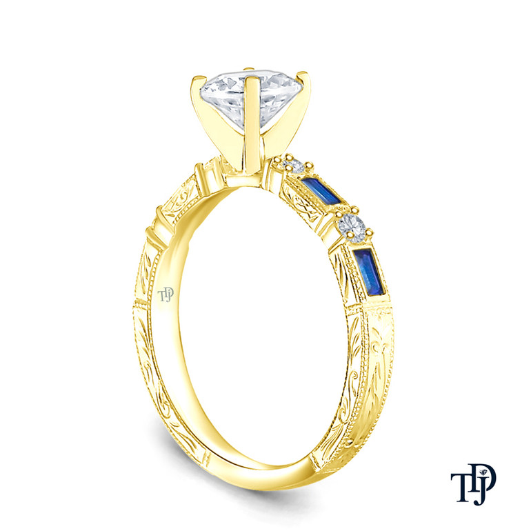 14K Yellow Gold Baguette Sapphire and Round Diamond Accents Ring Semi Mount Side View