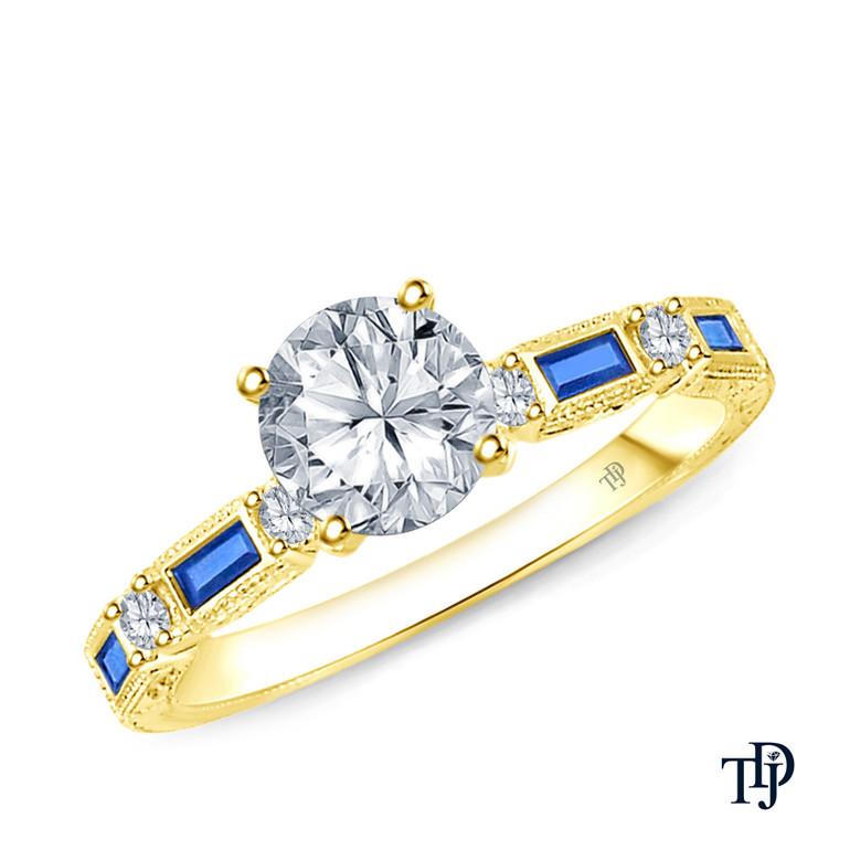 14K Yellow Gold Baguette Sapphire and Round Diamond Accents Ring Semi Mount Top View