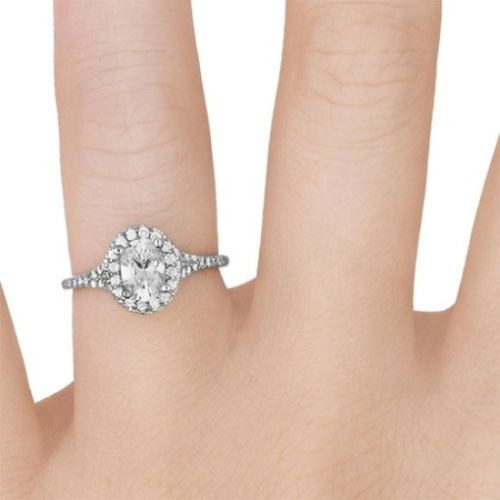 14K White Gold Pave Set Side and Halo Accents Engagement Ring Semi Mount Finger View