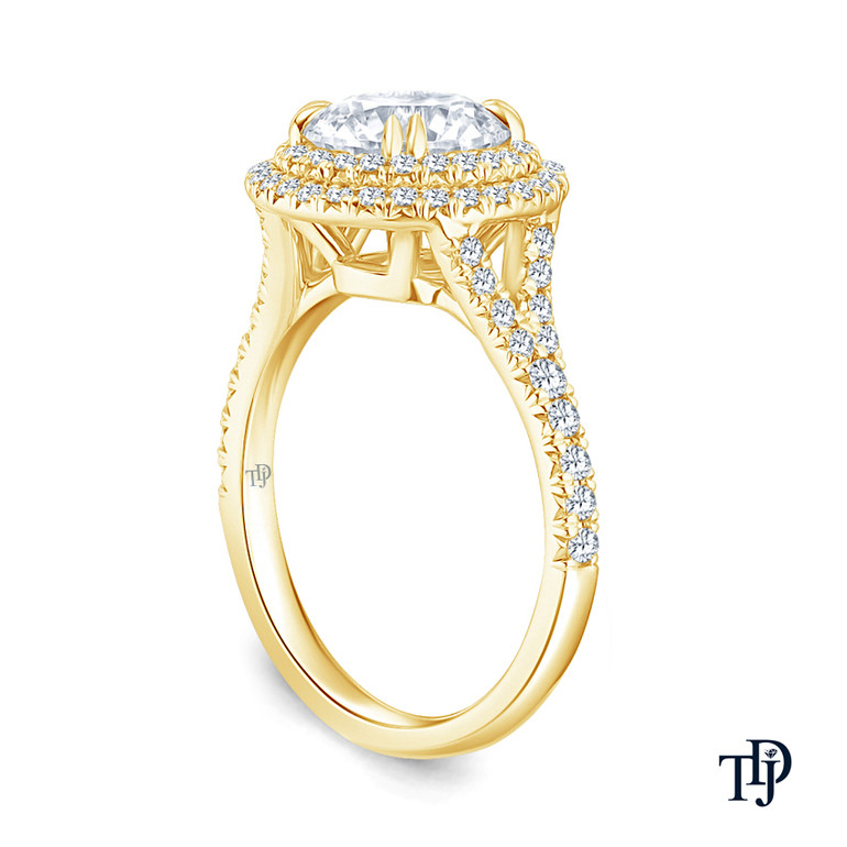 14K Yellow Gold Split Shank Double Halo Accents Engagement Ring Semi Mount Side View