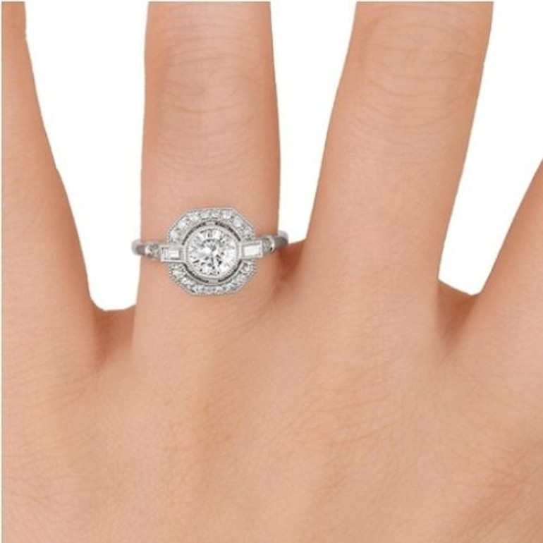 14K White Gold Baguette & Round Accents Antique Diamond Engagement Ring Semi Mount Finger View