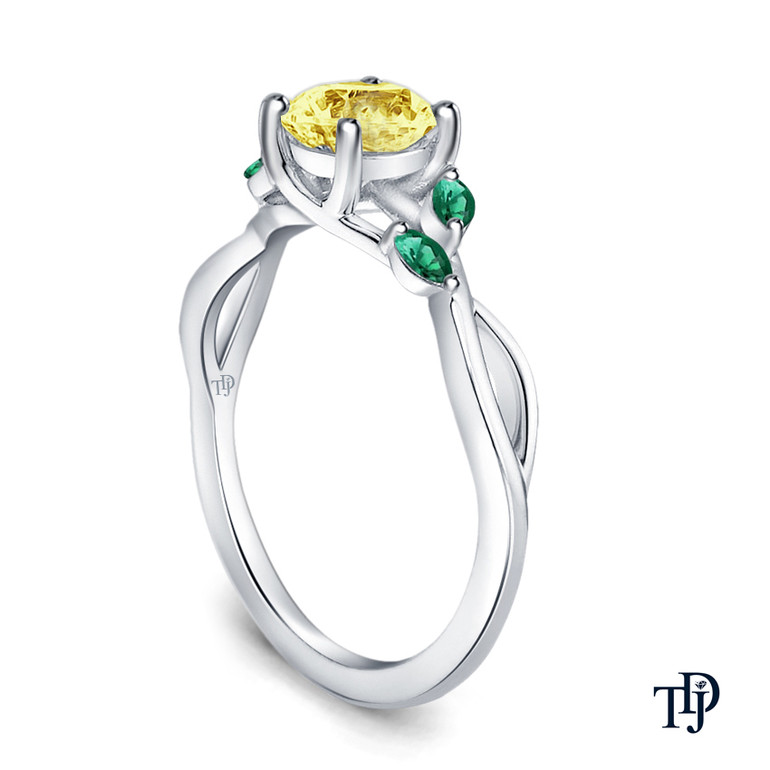 14K White Gold Marquise Green Emerald Accents - Leaves and Vine Style Engagement Ring Yellow Sapphire Side View