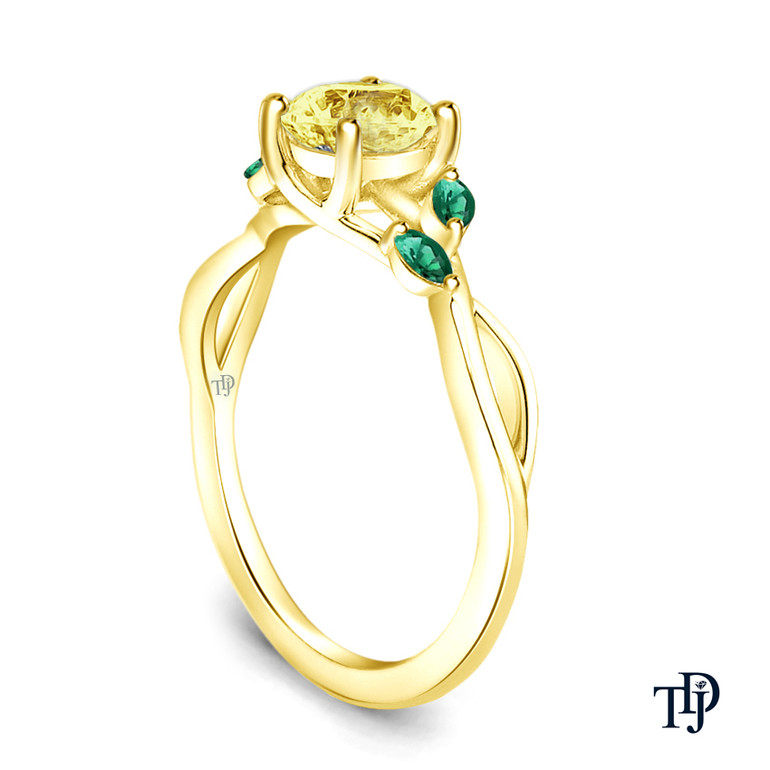 14K Yellow Gold Marquise Green Emerald Accents - Leaves and Vine Style Engagement Ring Yellow Sapphire Side View