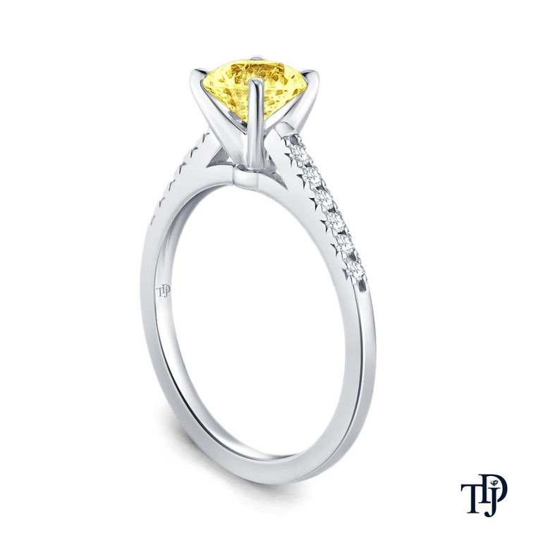 14K White Gold Cathedral Pave Diamond Engagement Ring Yellow Sapphire Side View