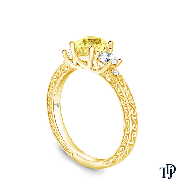 14K Yellow Gold An Antique Scroll Design Three Stone Engagement Ring Yellow Sapphire Side View