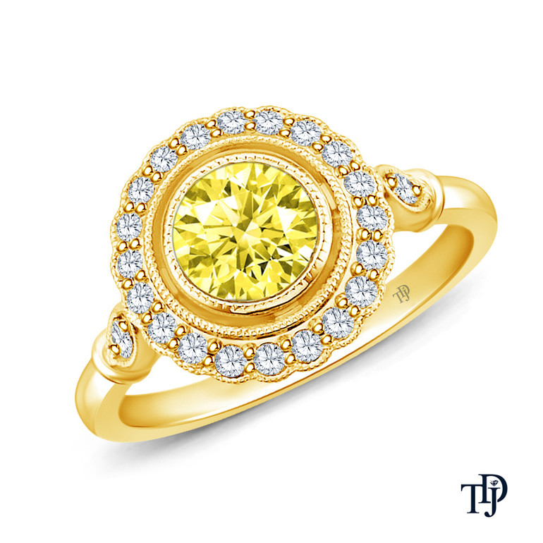 14K Yellow Gold Halo Accents With Intricate Milgrain Design Setting Yellow Sapphire Top View