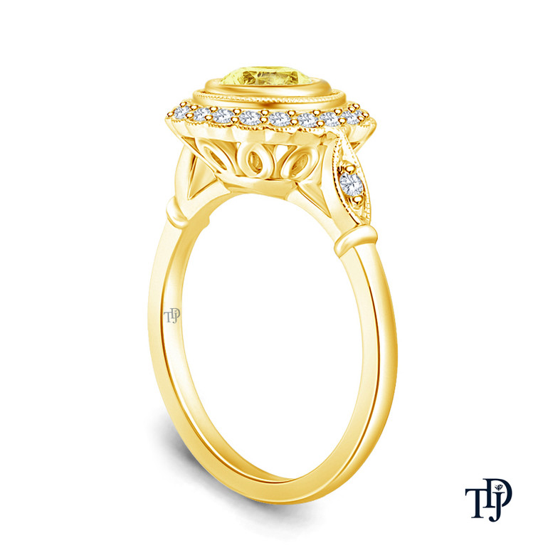 14K Yellow Gold Halo Accents With Intricate Milgrain Design Setting Yellow Sapphire Side View