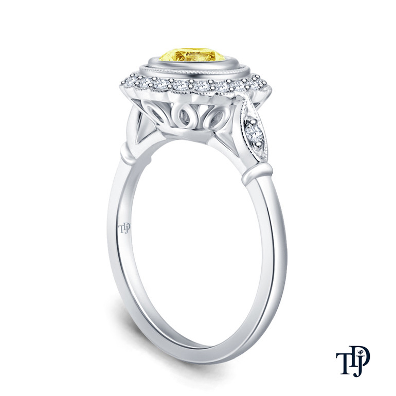 14K White Gold Halo Accents With Intricate Milgrain Design Setting Yellow Sapphire Side View