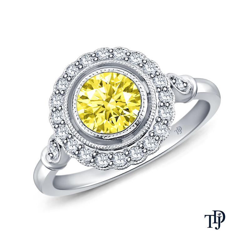 14K White Gold Halo Accents With Intricate Milgrain Design Setting Yellow Sapphire Top View