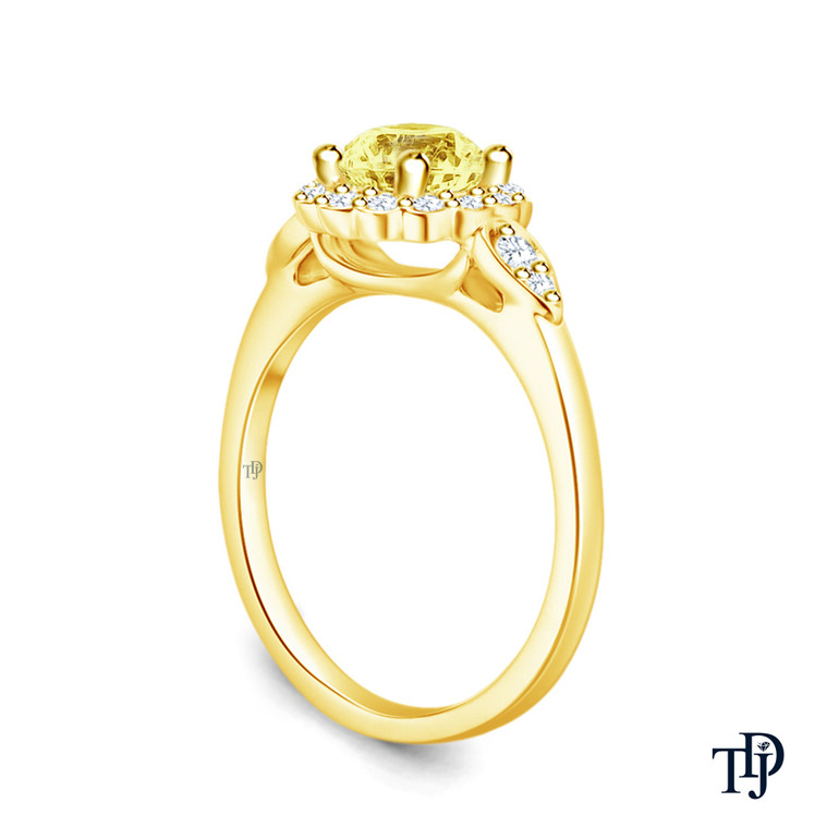 14K Yellow Gold Petal Designed Shank with Intricate Halo Accents Engagement Ring Yellow Sapphire Side View