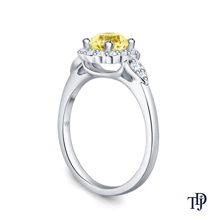 14K White Gold Petal Designed Shank with Intricate Halo Accents Engagement Ring Yellow Sapphire Side View