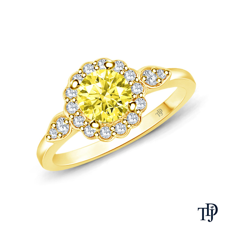 14K Yellow Gold Petal Designed Shank with Intricate Halo Accents Engagement Ring Yellow Sapphire Top View