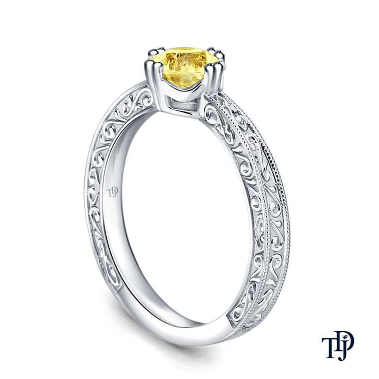 14K White Gold Tapered Double Prong Scroll Design Setting Yellow Sapphire Side View