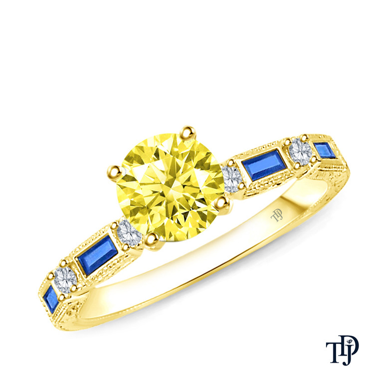 14K Yellow Gold Baguette Sapphire and Round Diamond Accents Ring Yellow Sapphire Top View