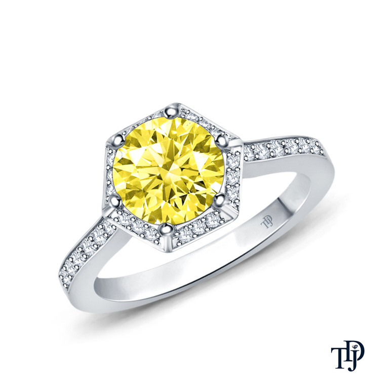 14K White Gold Enchanting Hexagonal Halo Accent Ring Yellow Sapphire Top View