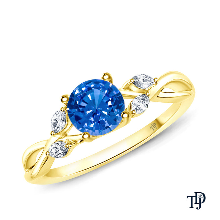 14K Yellow Gold Vine and Leaves Style Marquise Bud Diamond Engagement Ring Blue Sapphire Top View