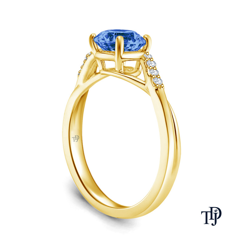 14K Yellow Gold Delicate Tapered Pave Set Engagement Ring Blue Sapphire Side View