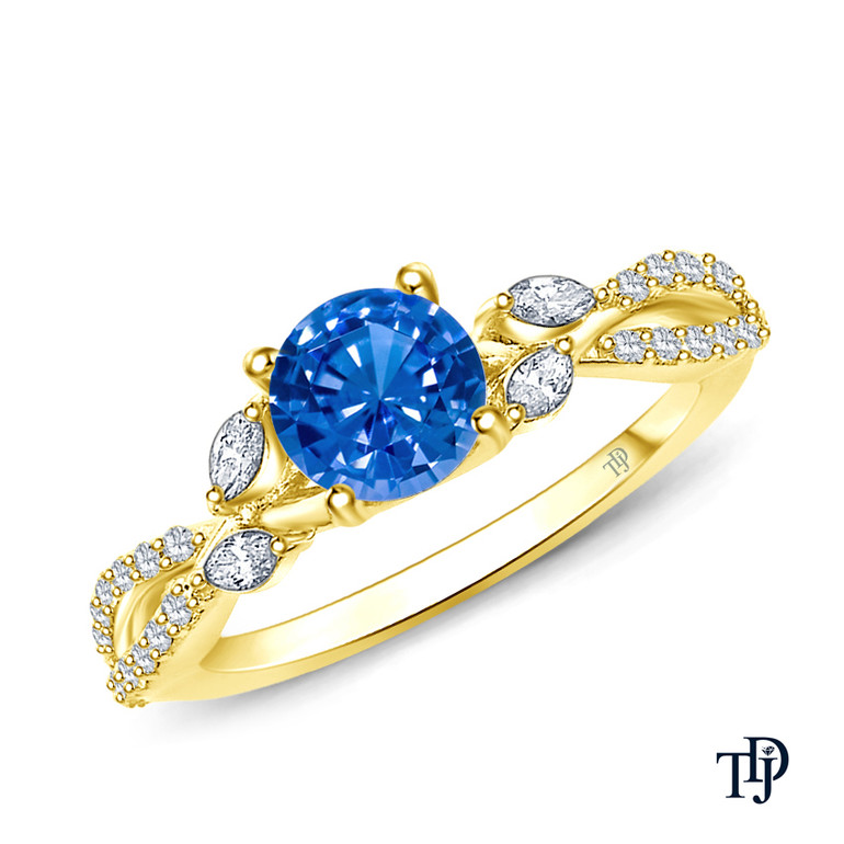 14K Yellow Gold A Vine Inspired Marquise and Round Bud Diamond Engagement Ring Blue Sapphire Top View