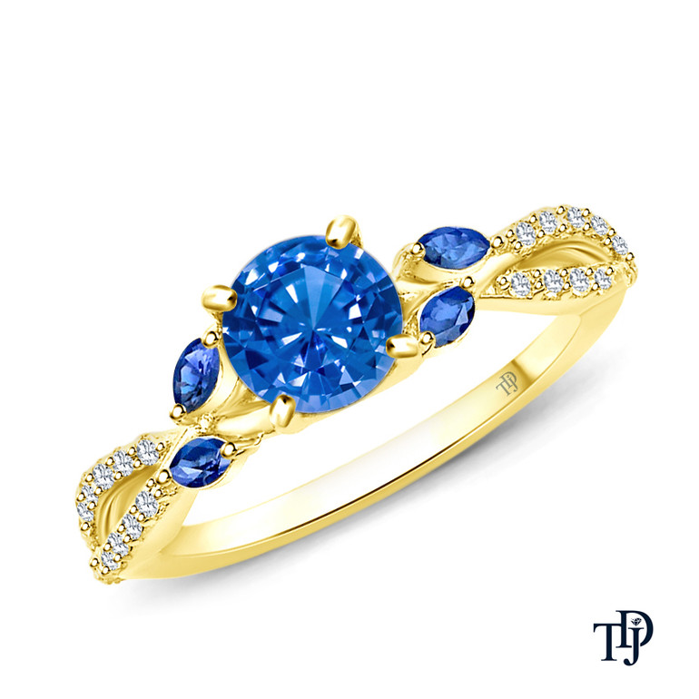 14K Yellow Gold A Nature Inspired Leaves Marquise Blue Sapphire & Round Diamond Ring Blue Sapphire Top View