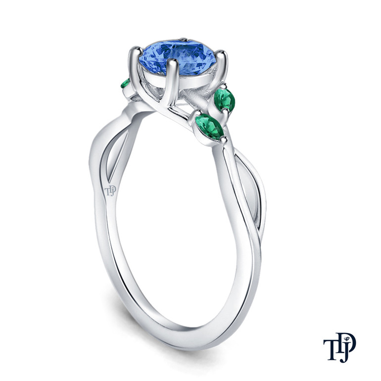 14K White Gold Marquise Green Emerald Accents - Leaves and Vine Style Engagement Ring Blue Sapphire Side View