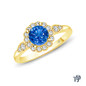 14K Yellow Gold Petal Designed Shank with Intricate Halo Accents Engagement Ring Blue Sapphire Top View